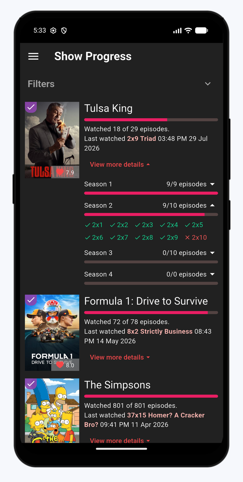 The Ticket Box show progress screen, a list of tracked shows with progress bars and watched episode counts, one show expanded into per-season progress and per-episode chips