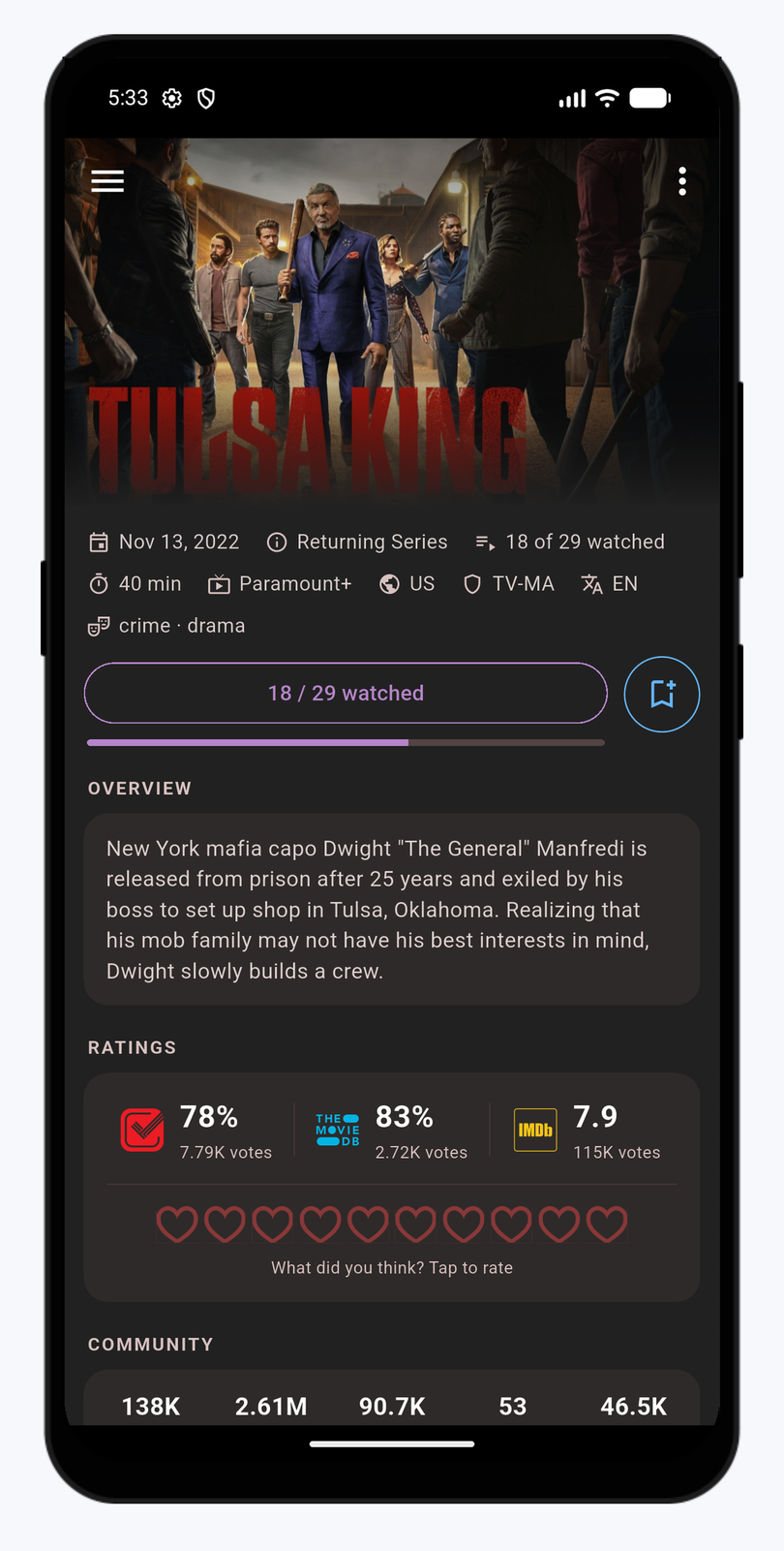 The Ticket Box show details screen with a hero backdrop, show stats, a watched progress action bar and ratings from Trakt, TMDB and IMDb