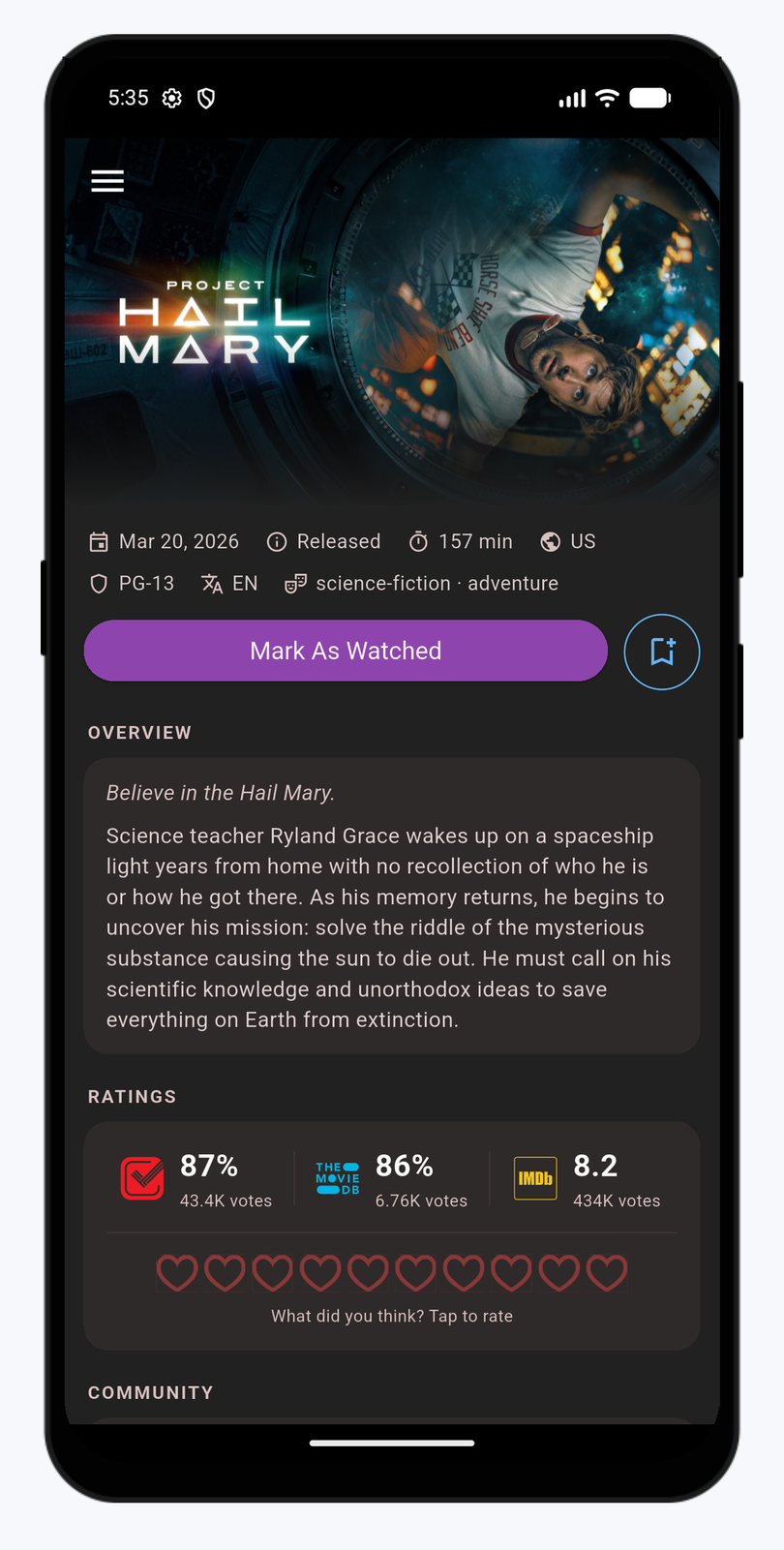 The Ticket Box movie details screen with a hero banner, movie stats, a Mark As Watched button, a watchlist toggle and a ratings card