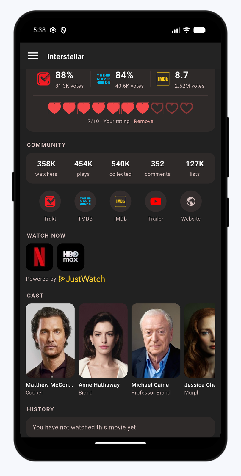 The Ticket Box Watch now section on a movie page, showing Netflix and HBO Max logos with the Powered by JustWatch attribution, community stats, external links and cast