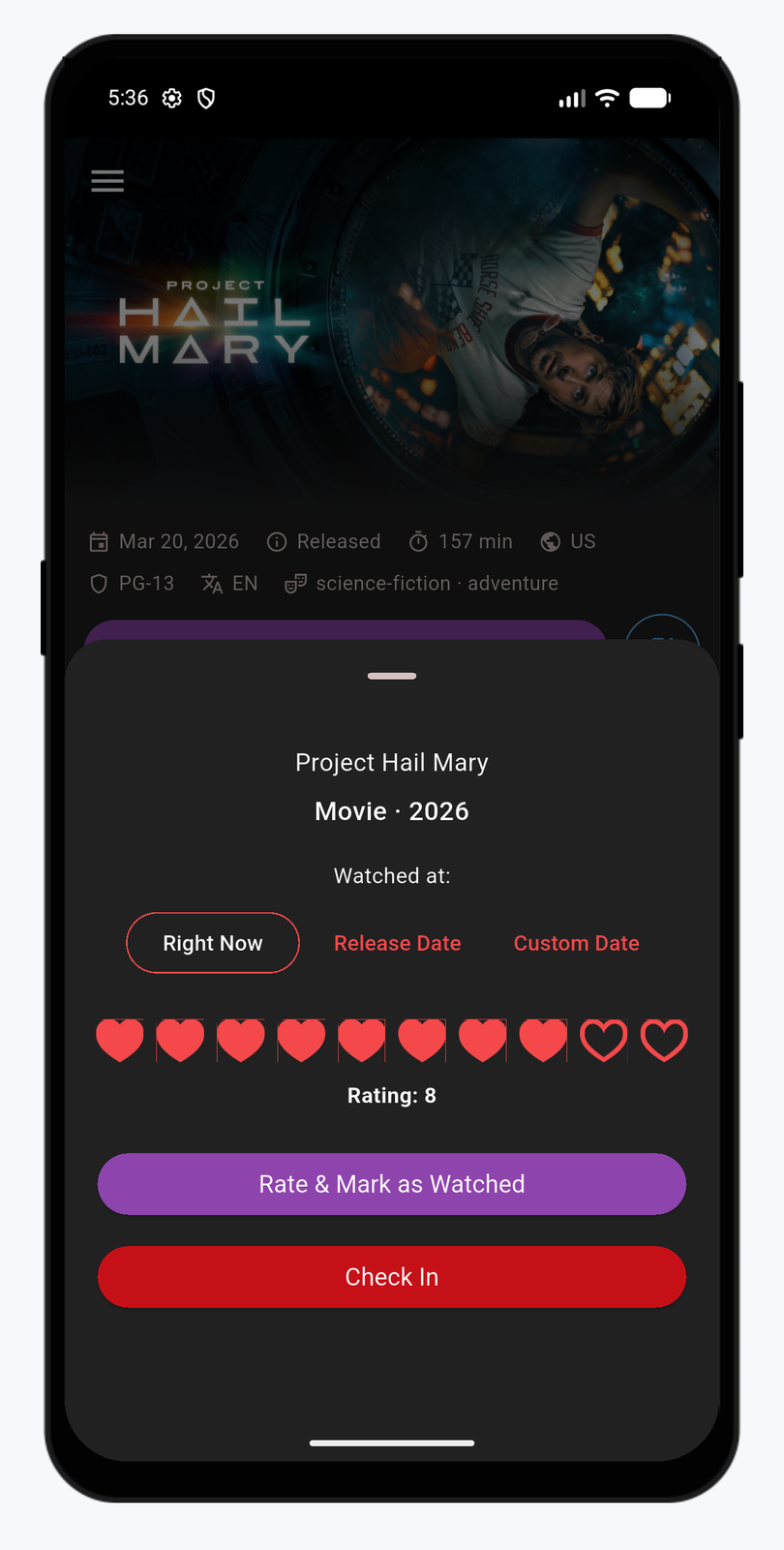 The Ticket Box mark-as-watched sheet with Right Now, Release Date and Custom Date options, an eight-heart rating and Rate and Mark as Watched and Check In buttons